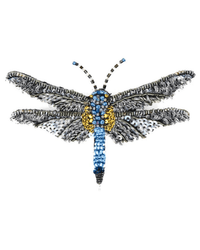 The Trovelore Blue Dasher Dragonfly Brooch Pin is hand embroidered with silver, blue, and yellow sequins and beads, featuring detailed wings and a segmented body on a white background.