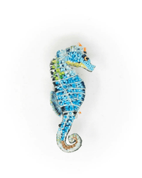 The Trovelore Blue Seahorse Brooch Pin features a vibrant mosaic of blue, green, and white pieces, displayed against a plain white background.