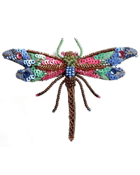 The Trovelore Braid Dragonfly Brooch Pin features detailed wings and a long beaded body, hand-embroidered with vibrant blue, green, pink, and brown beads and sequins for a colorful decorative accent.