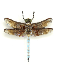 The Emperor Dragonfly Brooch Pin by Trovelore features hand embroidery with sequins, beads, and metallic threads in brown, gold, and beige on the wings, with blue and white bead accents on the tail—a standout for any collection.
