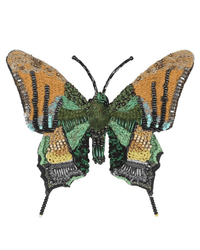 The Trovelore Emperor of India Butterfly Brooch Pin is a hand-embroidered accessory, handmade in India, with intricate beadwork in green, gold, black, and brown and detailed wing patterns.