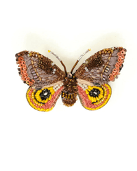 The Trovelore Eye Oh Moth Brooch Pin is a handmade accessory from India, featuring a moth design crafted with beads, sequins, and thread in brown, yellow, pink, and gold on a plain white background.