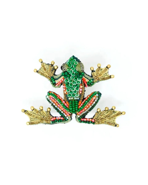 Green Flying Frog Hand-Embroidered Brooch Pin