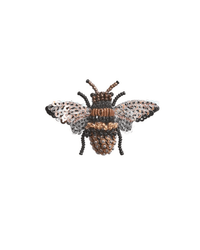 The Trovelore Honey Bee Brooch Pin features a hand-embroidered bee with metallic gold, silver, black, and bronze sequins and beads, detailed wings and body, displayed against a plain white background.