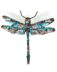The Trovelore Jeweled Dragonfly Brooch Pin is handmade in India with blue, orange, black, and silver beads and sequins, featuring intricate patterns on its wings and body—a unique decorative accessory.