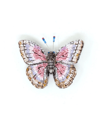 The Trovelore Morpho Godarti Butterfly Brooch Pin features detailed hand embroidery in pink, white, lavender, and tan with blue-tipped antennae, shown on a plain white background.