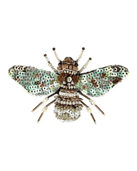 The Pearl Bee Brooch Pin by Trovelore is a hand-embroidered accessory from India, featuring intricate beadwork and sequins in brown, gold, silver, and light green tones, shown on a white background.