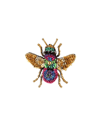 The Trovelore Rainbow Bee Brooch Pin is hand embroidered with gold, green, blue, pink, and purple beads forming the body, wings, and antennae. Shown on a white background.