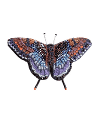 The Trovelore Red Spotted Purple Butterfly Brooch Pin features intricate beadwork in blue, purple, brown, and black with detailed patterns and beaded antennae, displayed on a white background.