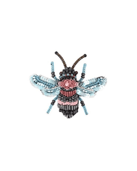 Rose Bee Brooch Pin by Trovelore features black, light blue, and pink beaded wings and body, brown beaded antennae, and a delicate pink rose at the center.