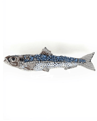 The Sardine Brooch Pin by Trovelore features intricate blue, silver, and white beadwork with detailed fins and a realistic fish shape, expertly handmade and photographed against a white background.