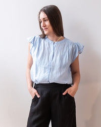 Velvet by Graham & Spencer Janey Ruffle Short Sleeve Button Top in Sailboat 1 - Bliss Boutiques