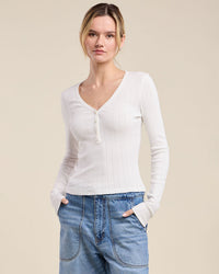 Velvet by Graham & Spencer Janice L/S V Neck Placket Top in White 1 - Bliss Boutiques