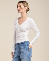 Velvet by Graham & Spencer Janice L/S V Neck Placket Top in White 2 - Bliss Boutiques