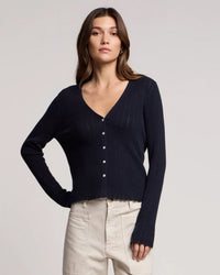 Velvet by Graham & Spencer Ottilie L/S V Neck Cardi in Navy 1 - Bliss Boutiques