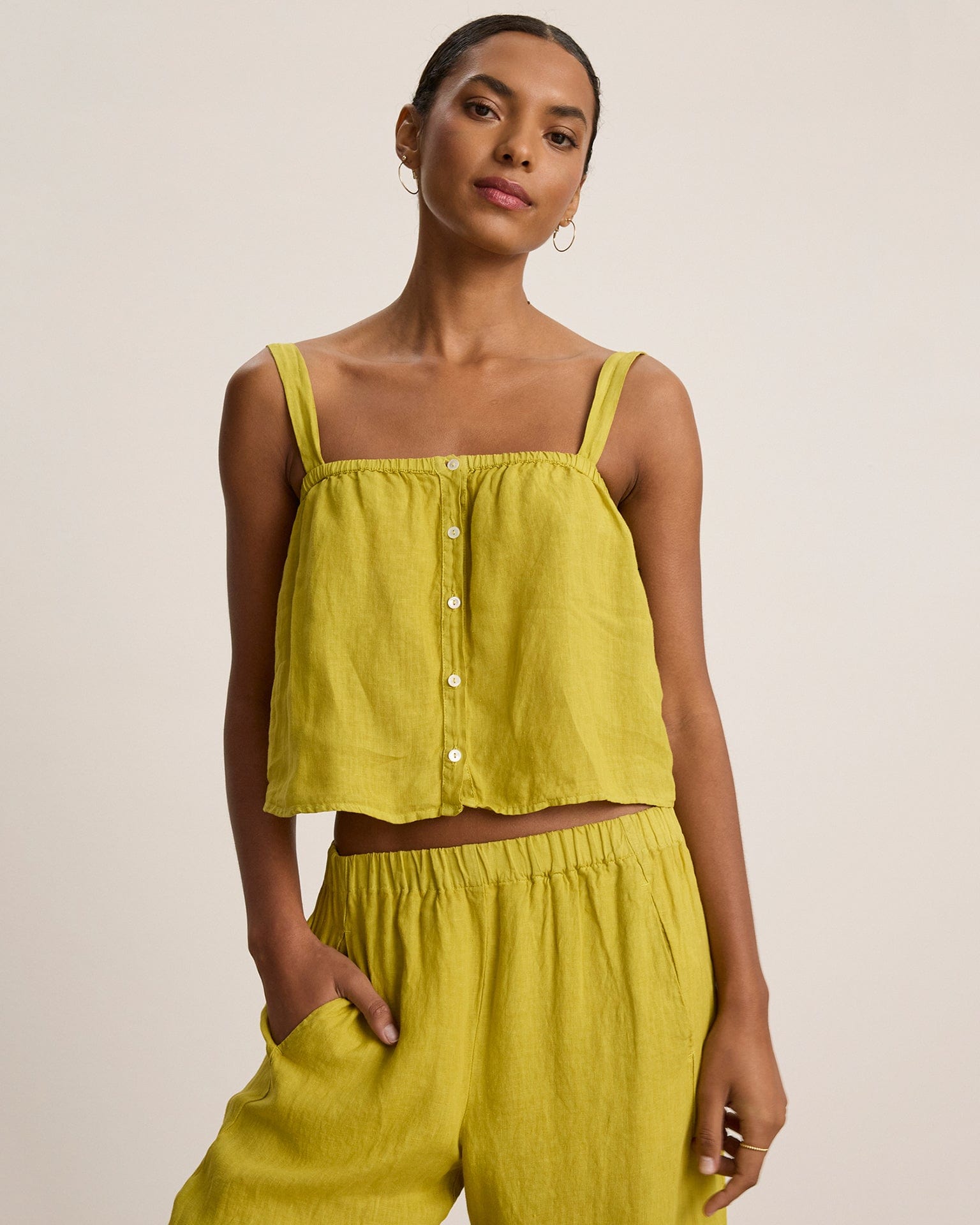 Velvet by Graham & Spencer Quin Crop Button Strap Top in Dandelion