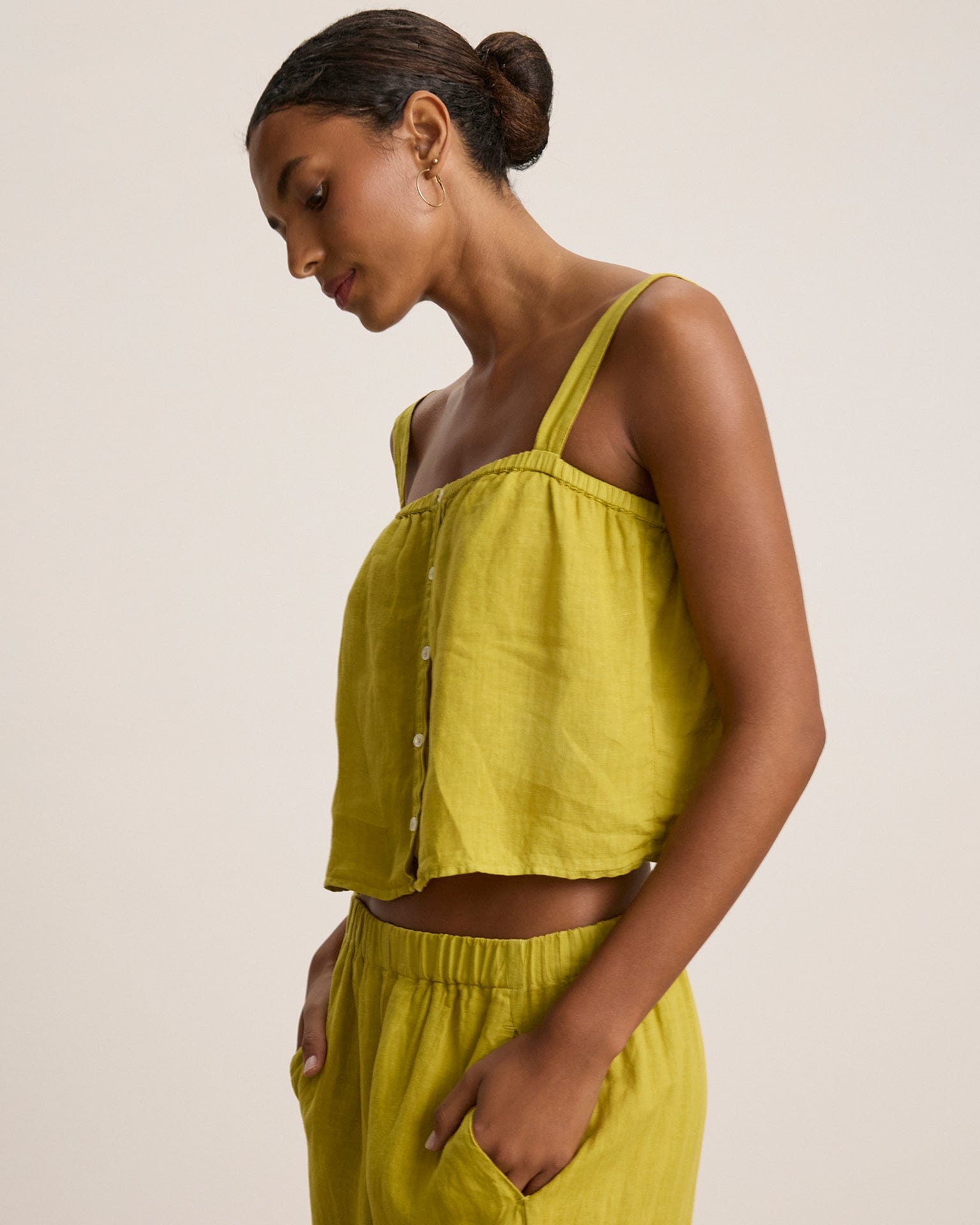 Velvet by Graham & Spencer Quin Crop Button Strap Top in Dandelion