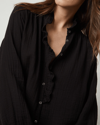 Velvet by Graham & Spencer Trisha L/S Ruffle Button Up in Black
