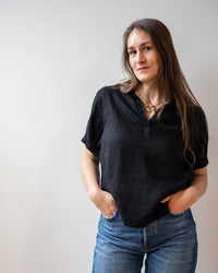 Velvet by Graham & Spencer Vivica Short Sleeve Henley Top In Black 1 - Bliss Boutiques