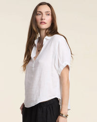 Velvet by Graham & Spencer Vivica Short Sleeve Henley Top In White 3 - Bliss Boutiques