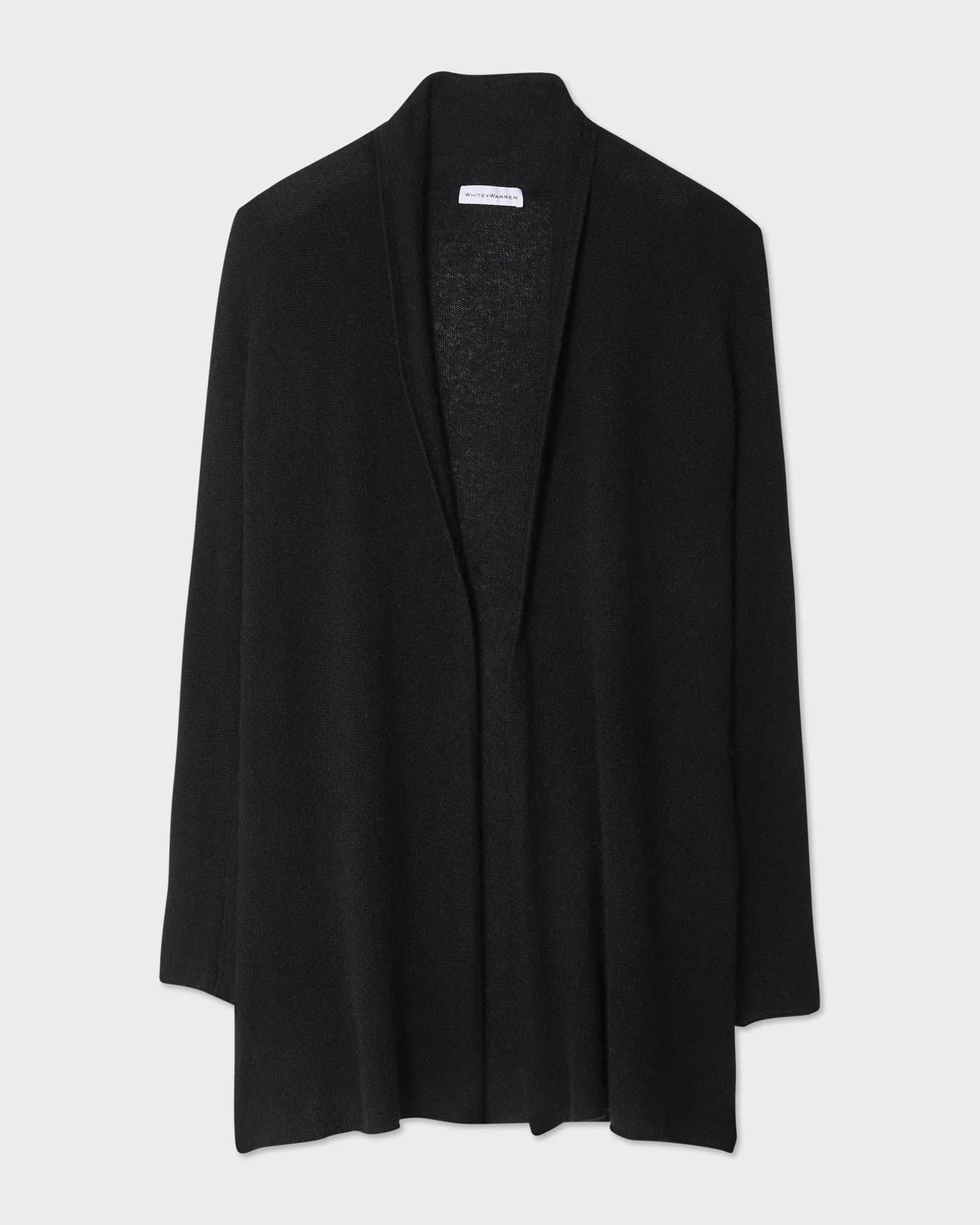 The White & Warren Cashmere Trapeze Cardigan in Black, a relaxed-fit women's long-sleeve open sweater, is shown against a plain white background.