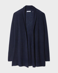 White & Warren's Cashmere Trapeze Cardigan in Deep Navy features long sleeves and soft, lightweight cashmere, shown flat on a white background.