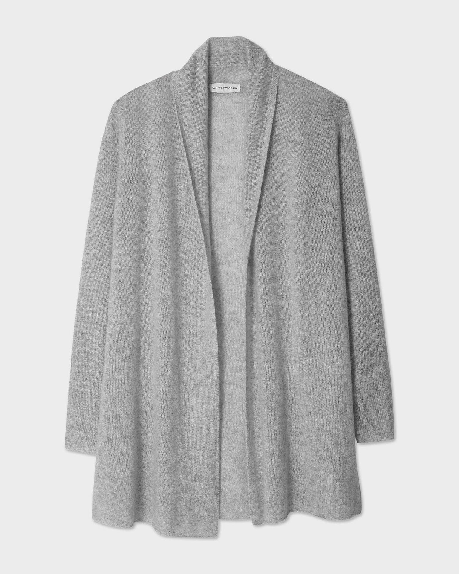 The Cashmere Trapeze Cardigan in Grey Heather by White & Warren features long sleeves and soft cashmere, shown laid flat on a white background.