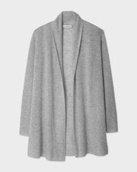The Cashmere Trapeze Cardigan in Grey Heather by White & Warren features long sleeves and soft cashmere, shown laid flat on a white background.