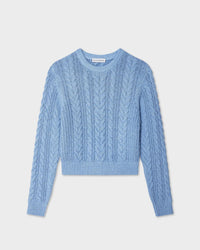 The Cotton Slub Cable Crew in Soft Blue by White & Warren showcases classic cable knit details, long sleeves, and a crew neckline, displayed flat on a white background.