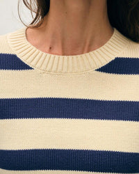 Close-up of a person wearing the White & Warren Organic Cotton Easy Crewneck in Ivory/Navy, focusing on the neckline and upper chest with part of the neck and collarbone visible.