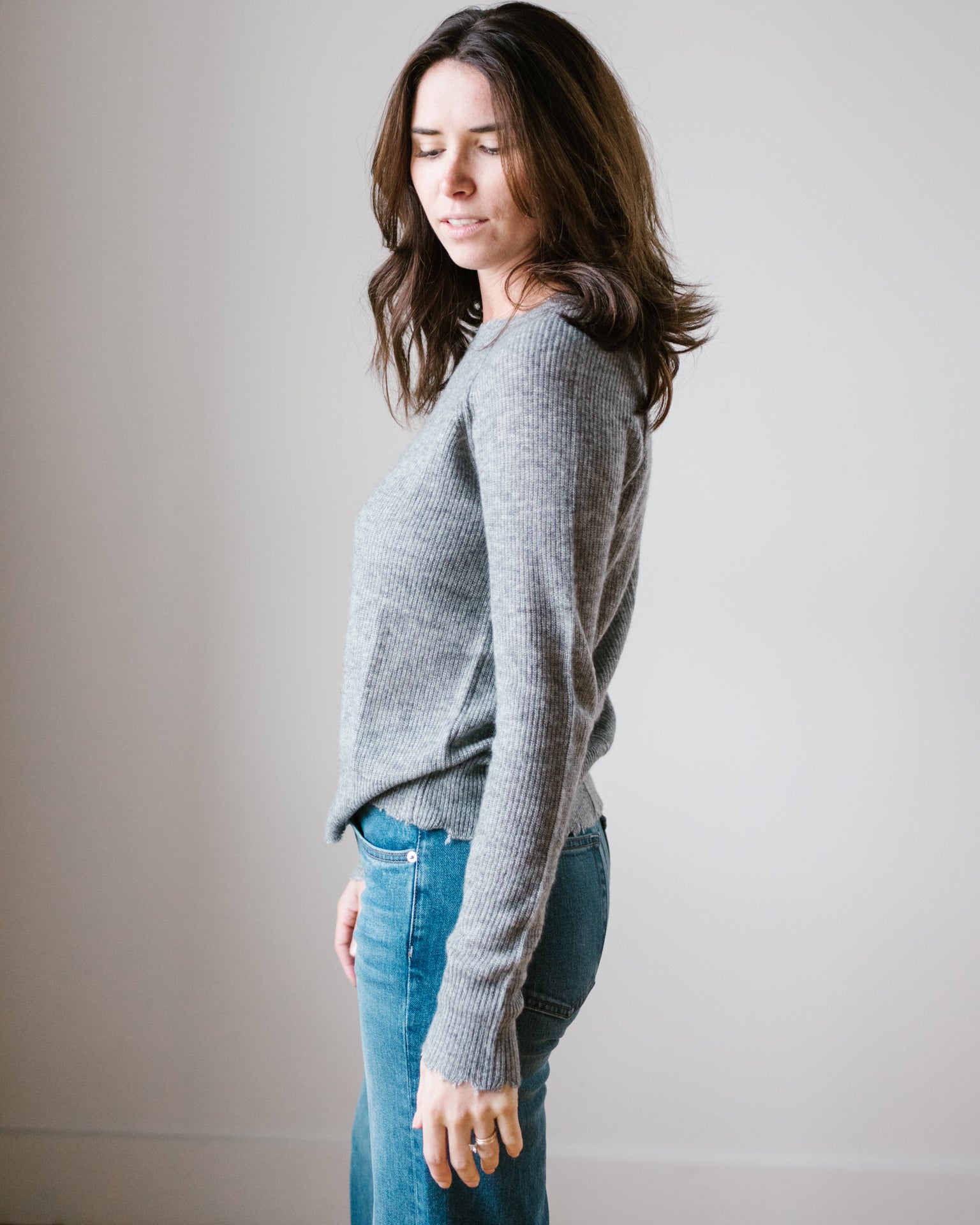 Autumn Cashmere Raw Edge Shaker Crew in Banker's Gray