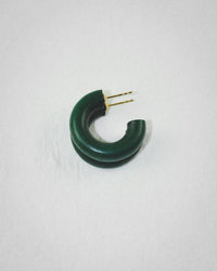 The B&L C Hoop in Mini Hoop Hike is a dark green, semi-circular earring made from sustainably sourced mango wood with gold posts, shown against a white background.