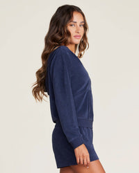 Barefoot Dreams Clothing Cozyterry Cross Over Hoodie in Indigo