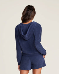 Barefoot Dreams Clothing Cozyterry Cross Over Hoodie in Indigo