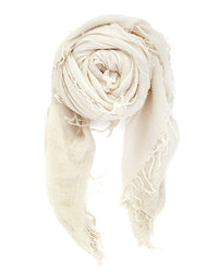 The Chan Luu Cashmere & Silk Scarf in Eggshell is shown rolled up with frayed edges against a white background.