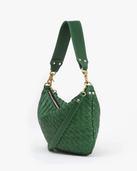 The Clare V. Moyen Messenger - Woven Zig-Zag in Evergreen is a green leather bag with gold hardware, a wide shoulder strap, a thinner crossbody strap, and a zippered top, shown on a white background.