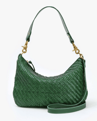 The Clare V. Moyen Messenger - Woven Zig-Zag in Evergreen, featuring gold hardware, a short handle, detachable long strap, and zip closure, is displayed against a plain white background.