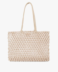 The Clare V. Sandy Bag in Natural is a beige, rectangular woven tote with two long handles, perfect as a stylish beach bag, shown against a plain white background.
