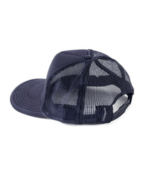 The Clare V. Trucker Hat - Oui in navy with white features a mesh back panel and an adjustable snapback closure for comfort, shown here from the back.