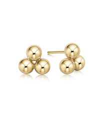A pair of enewton Classic Cluster Stud - 6mm Gold earrings, featuring three polished gold spheres in a triangular design, crafted from 14k gold-filled material and shown against a white background.