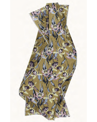The Épice Meadow Orchids Scarf in Golden is a rectangular, handwoven stole featuring a golden background, floral motifs in purple, pink, white, and green, and delicate lace-trimmed edges.
