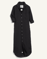 The Frank & Eileen Rory Woven Long Dress in Black Linen features a collar, chest pocket, and rolled-up sleeves, crafted from lived-in Italian linen and laid flat on a light background.