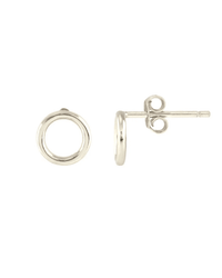 The Circle Outline Stud Earrings in Sterling Silver by Kris Nations are shown, with one earring displayed front-on and the other from the side to highlight the geometric circle design and butterfly backing.