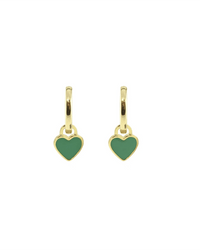 Kris Nations' Heart Enamel Huggie Hoop Earrings in Green feature heart-shaped charms and 18K gold vermeil hoops, shown against a plain white background.