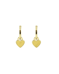 A pair of Heart Enamel Huggie Hoop Earrings in Sunshine by Kris Nations, each featuring a heart-shaped charm on gold vermeil hoops, displayed on a plain white background.