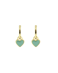 A pair of Kris Nations Heart Enamel Huggie Hoop Earrings in Turquoise, featuring 18K gold vermeil hoops with dangling turquoise heart-shaped charms, displayed on a white background.
