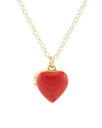 The Kris Nations Heart Enamel Locket in Red is a gold vermeil necklace with a shiny red enamel heart locket pendant, hanging elegantly from its chain by a petite gold loop.