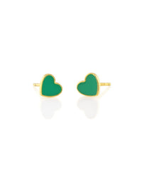 The Petite Heart Studs in Emerald Green by Kris Nations feature small 18k gold vermeil studs with hand-painted enamel fronts, shown on a white background.