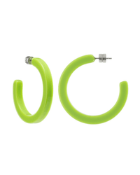 The Machete Midi Hoops in Neon Green are chunky earrings made from Italian acetate with a smooth, glossy finish and hypoallergenic metal posts for pierced ears, shown on a white background.