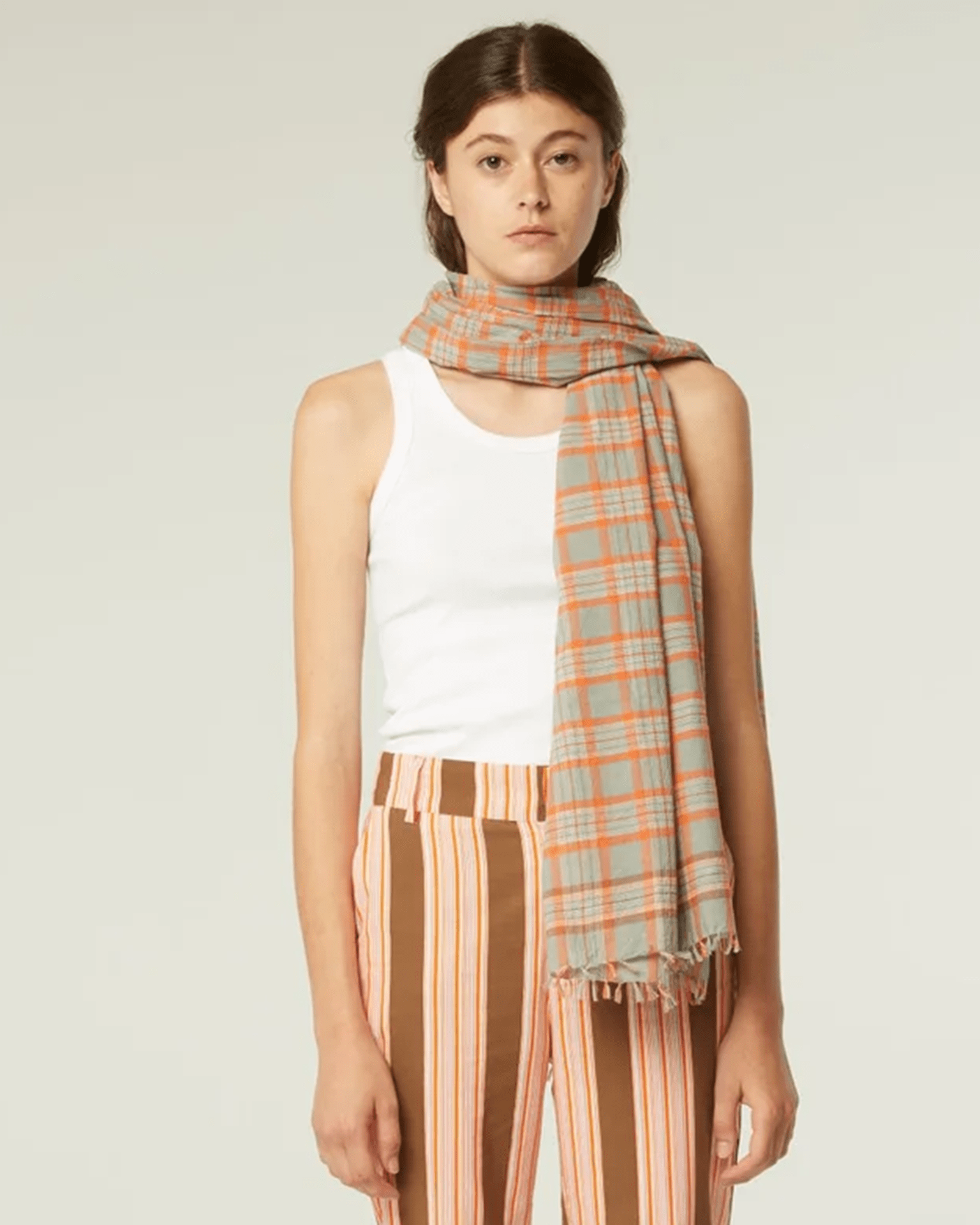 Moismont Varied Plaid Cttn Scarf in Cloud